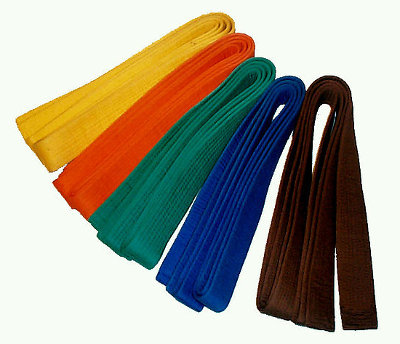 Karate-Gürtel für Schülergrade gibt es in weiß, gelb, orange, grün, blau und braun.